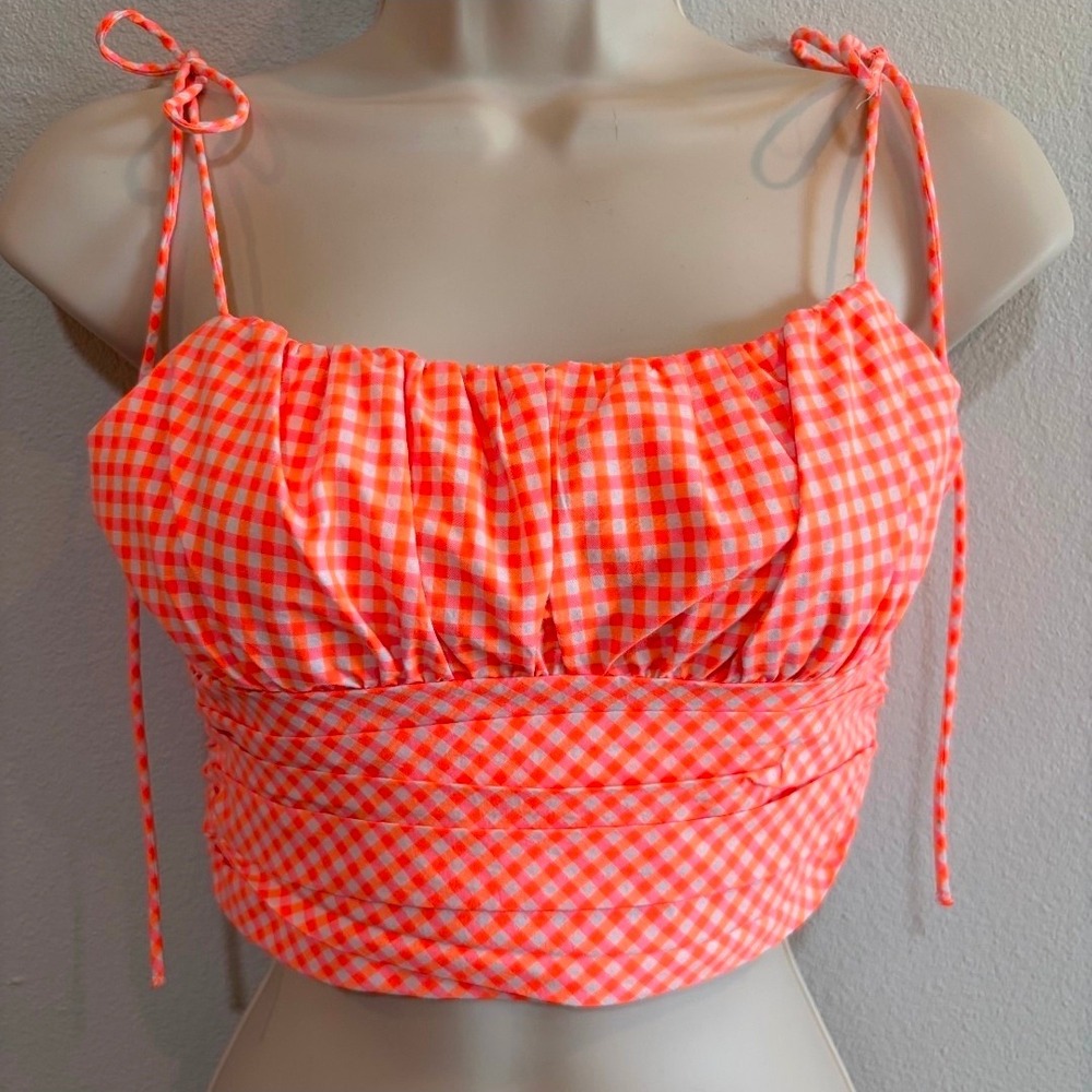 Zara Orange Gingham Bustier Tie Strap Crop Top Cottagecore Picnic‎ XS